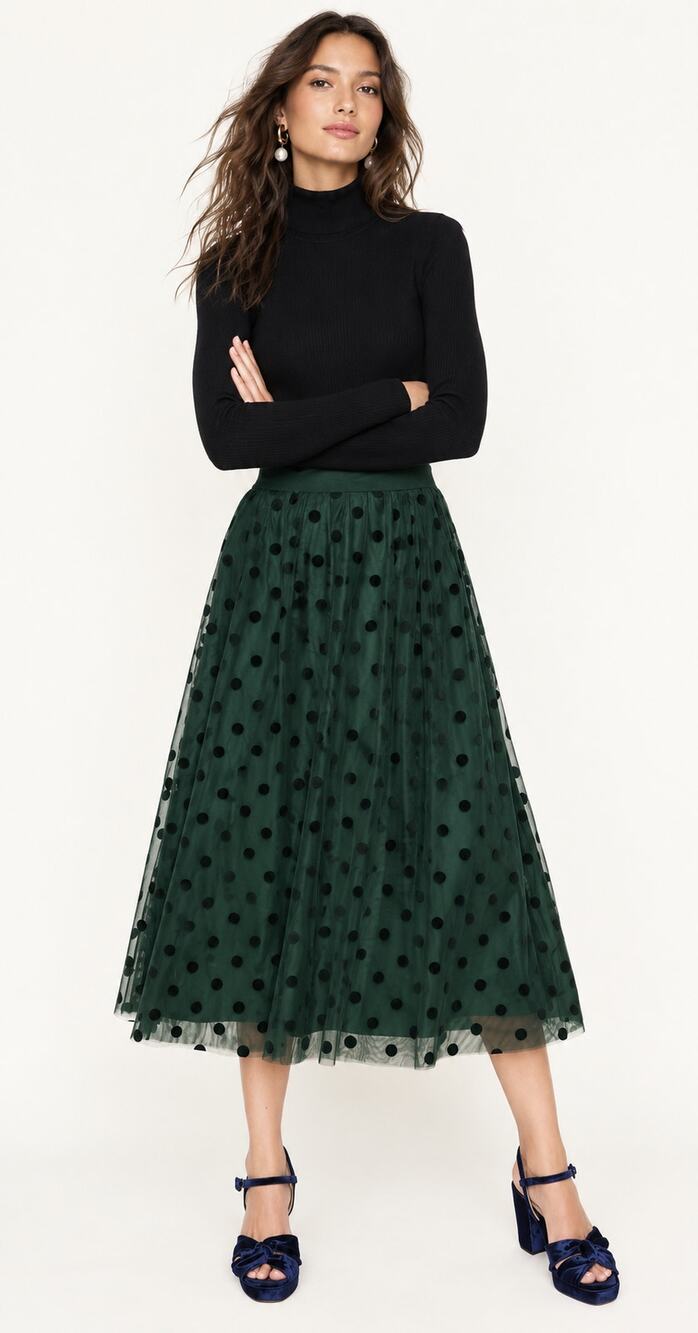Boden Isabella Tulle Midi Skirt Green Velvet Polka Dot Womens Size 12 Long New